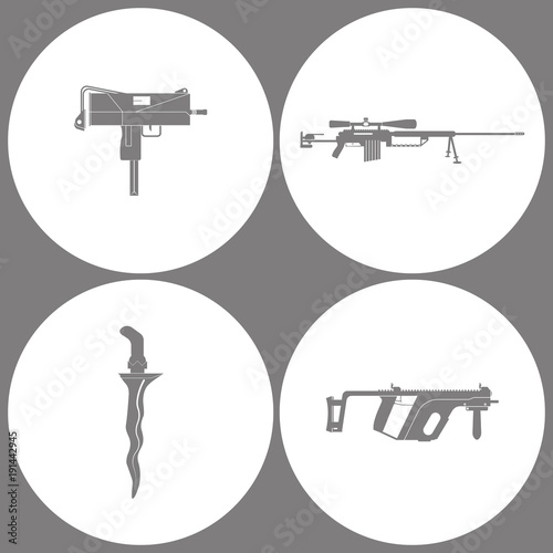 Vector Illustration Set Office Army Icons. Elements of UZI weapon, Sniper Rifle cheytac, Knife Cris and Rifle Kris V gun icon