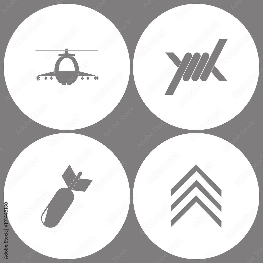 Vector Illustration Set Office Army Icons. Elements of military helicopter, Barbed Wire, Aviation Bomb and Military emblem rank  icon