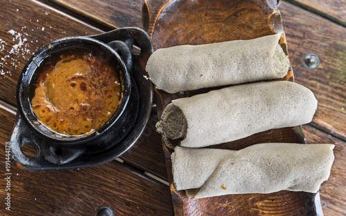 Ethiopian Food Siro Watt and injera in Addis Ababa, Ethiopia photo