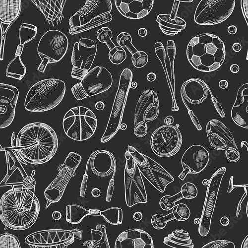 Vector hand drawn sports equipment pattern or chalkboard background