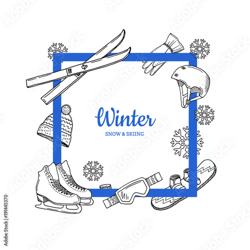 Vector frame with place for text hand drawn winter sports