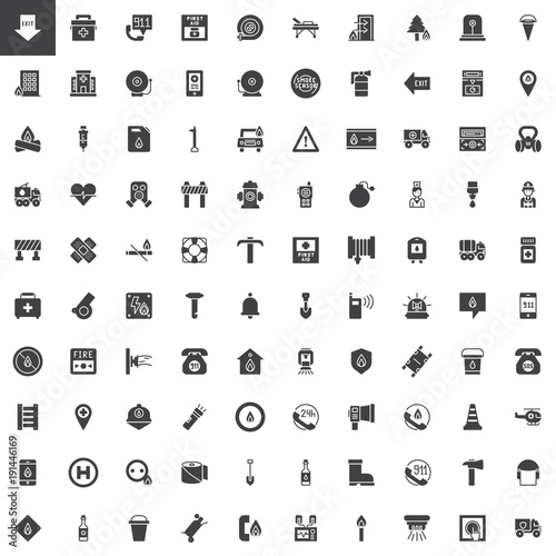 Emergency services vector icons set, modern solid symbol collection, filled style pictogram pack. Signs, logo illustration. Set includes icons as ambulance, firefighter, police, hospital