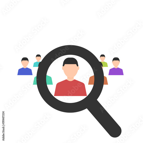 Human resources. Magnifier searching a man. Search for employe. Recruitment. Business concept. Flat design