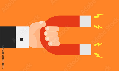 Hand holding magnet. Magnetic force. Business concept. Vector illustration