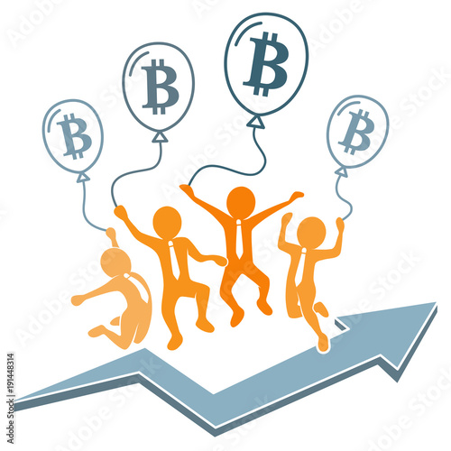 Geschäftsleute mit Bitcoin-Ballonen beim Luftsprung und Kurs-Pfeil nach oben / Flat Design, orange, blau