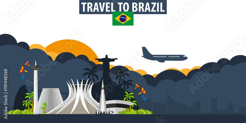 Travel to Brazil. Travel and Tourism banner. Clouds and sun with airplane on the background.