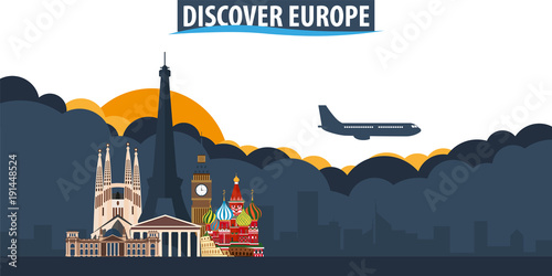 Explore Europe. Travel and Tourism banner. Clouds and sun with airplane on the background.