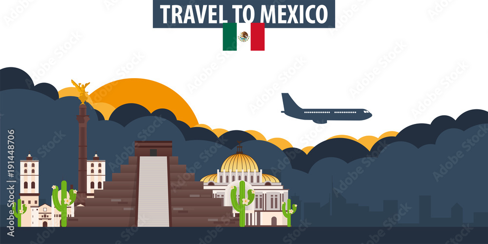 Travel to Mexico. Travel and Tourism banner. Clouds and sun with airplane on the background.