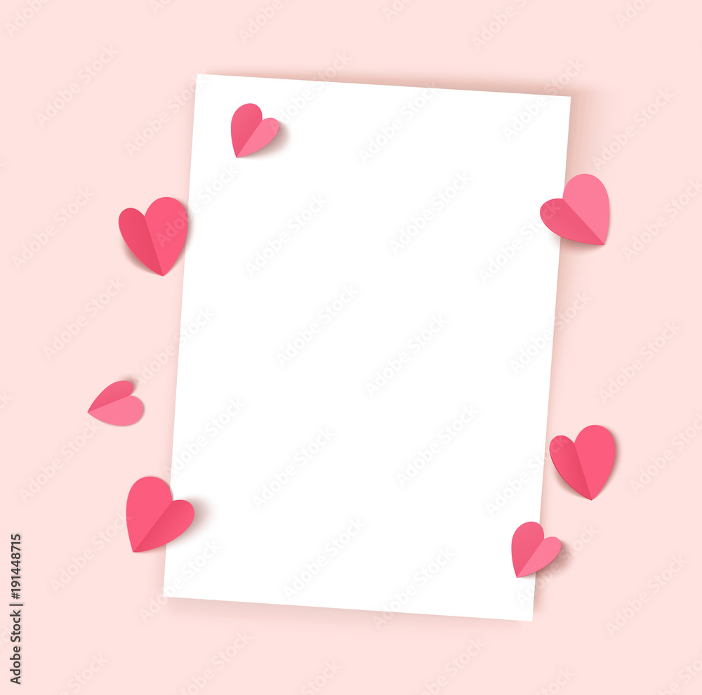 Empty white paper sheet isolated on pink background with decorative hearts for Valentines Day, Mothers day or wedding design. Vector illustration. Love template. Top view