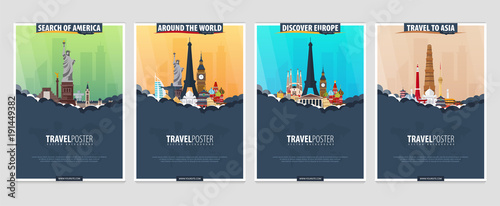 Set of Travel and Tourism banners. Around the World. America, Europe, Asia. Vector illustration.