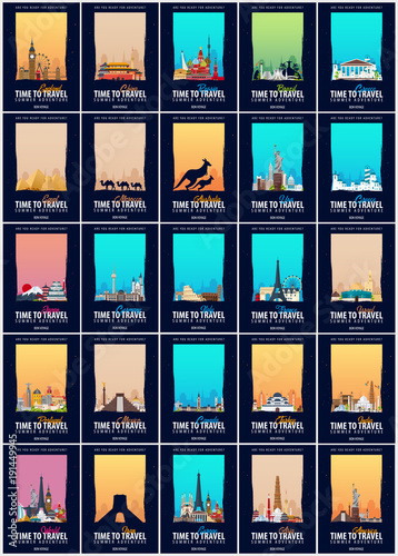 Set of Travel Posters to countries. America, Europe, and Asia. Trip and vacation. Vector travel illustration.