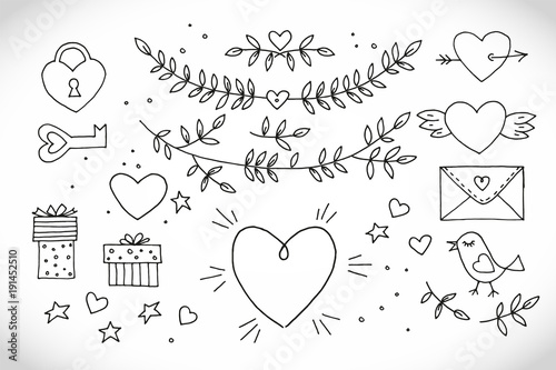 Love decorative vintage elements on white background. Hand drawn collection with heart, wings, branch with leaves, bird, gift, lock, key, letter and lettering. Doodle set, cartoon romantic objects