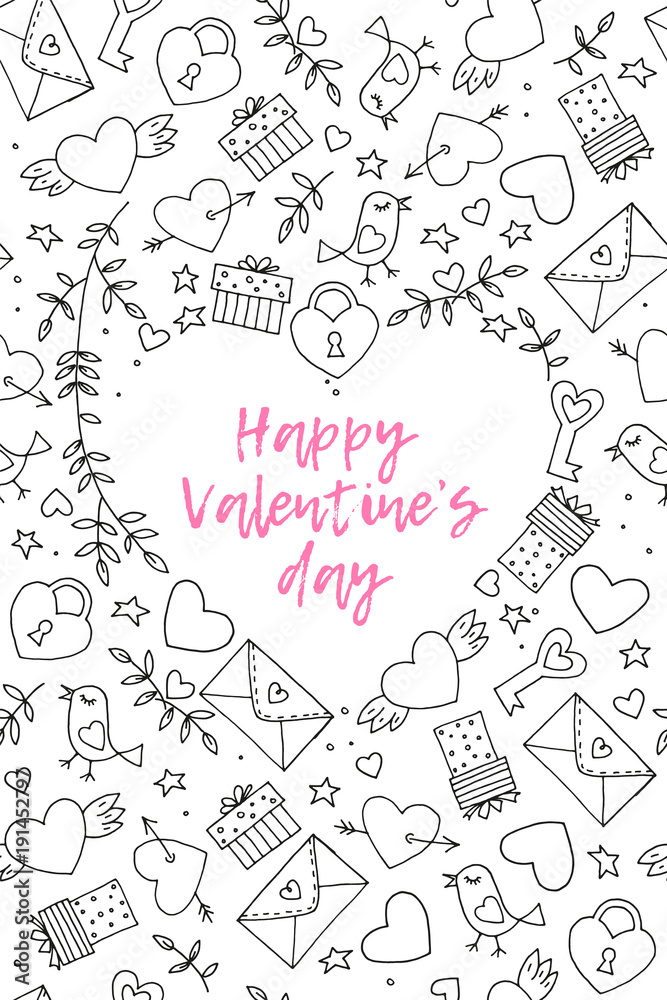 Seamless doodles Valentine's pattern. Cartoon romantic objects: heart, wings, branch with leaves bird, gift, lock, key, letter on white background. Love signs, design elements and symbols. Vector Seamless doodles Valentine's pattern. Cartoon romantic objects: heart, wings, branch with leaves bird, gift, lock, key, letter on white background. Love signs, design elements and symbols. Vector