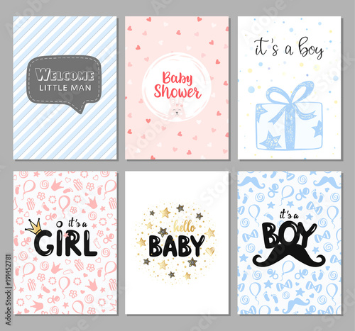 Vector set of 6 color baby shower cards for girls and boys. It's a boy card. It's a girl. Hello baby card. Vector invitation with cute pattern, balloon, gift. Baby arrival and shower collection.