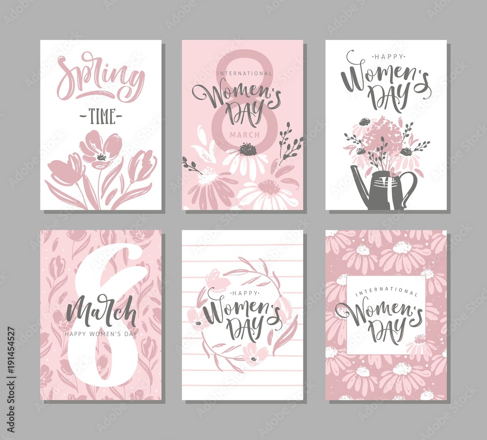 Set of six greeting cards for international womens day with сalligraphic hand written phrase. Eight march. Hand drawn elements. Vector design. Set of six greeting cards for international womens day with сalligraphic hand written phrase. Eight march. Hand drawn elements. Vector design.
