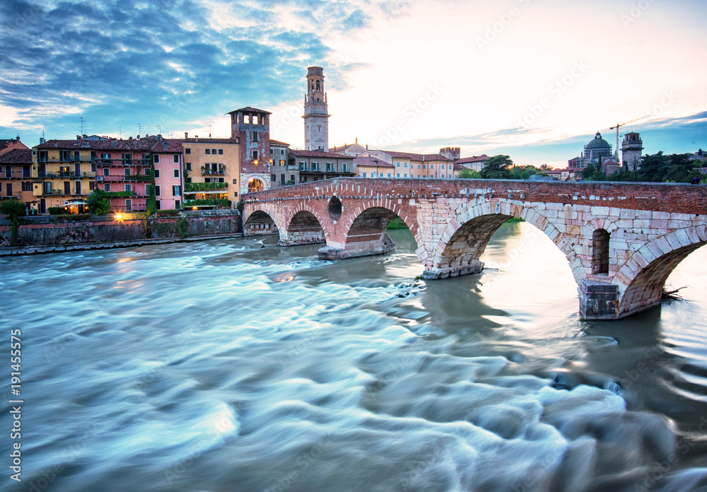 The famous roman Ponte Pietro bridge in Verona, Italy
