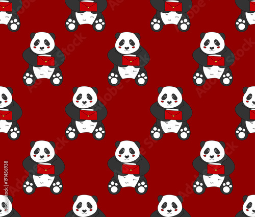 Fototapeta Naklejka Na Ścianę i Meble -  Cute Panda with Red Letter on Red Background.