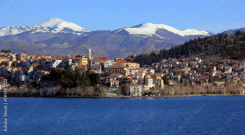 Scenic view of Kastoria town and the famous Orestiada lake in Greece