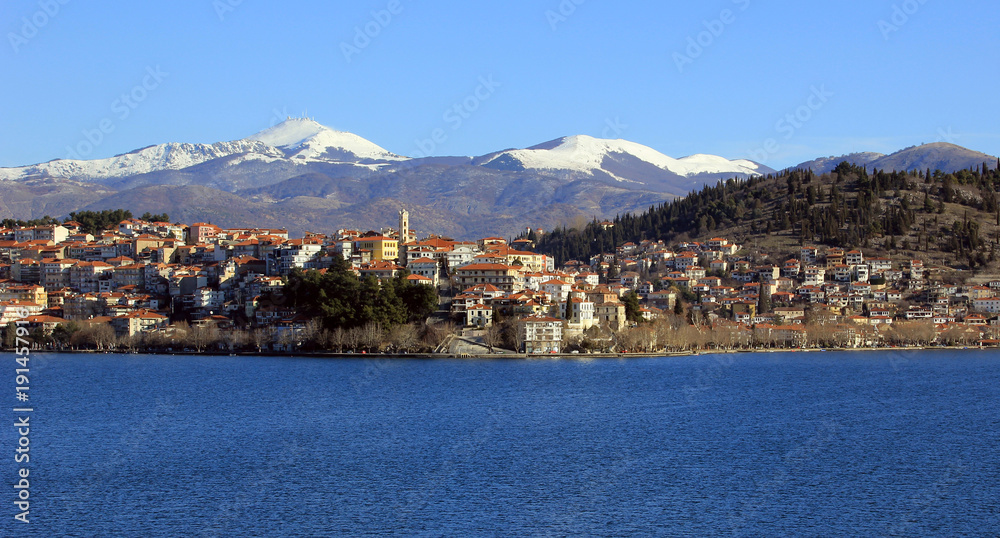 Scenic view of Kastoria town and the famous Orestiada lake in Greece
