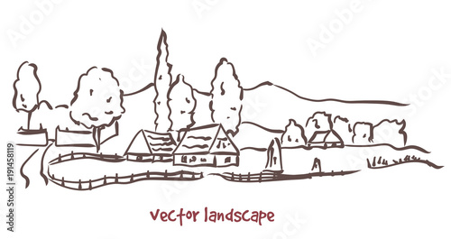 handwritten sketch of rural landscape