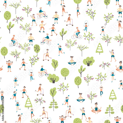 Active lifestyle, sports entertainment outdoors. Young people in city park among the trees. Seamless pattern, vector background illustration on white.