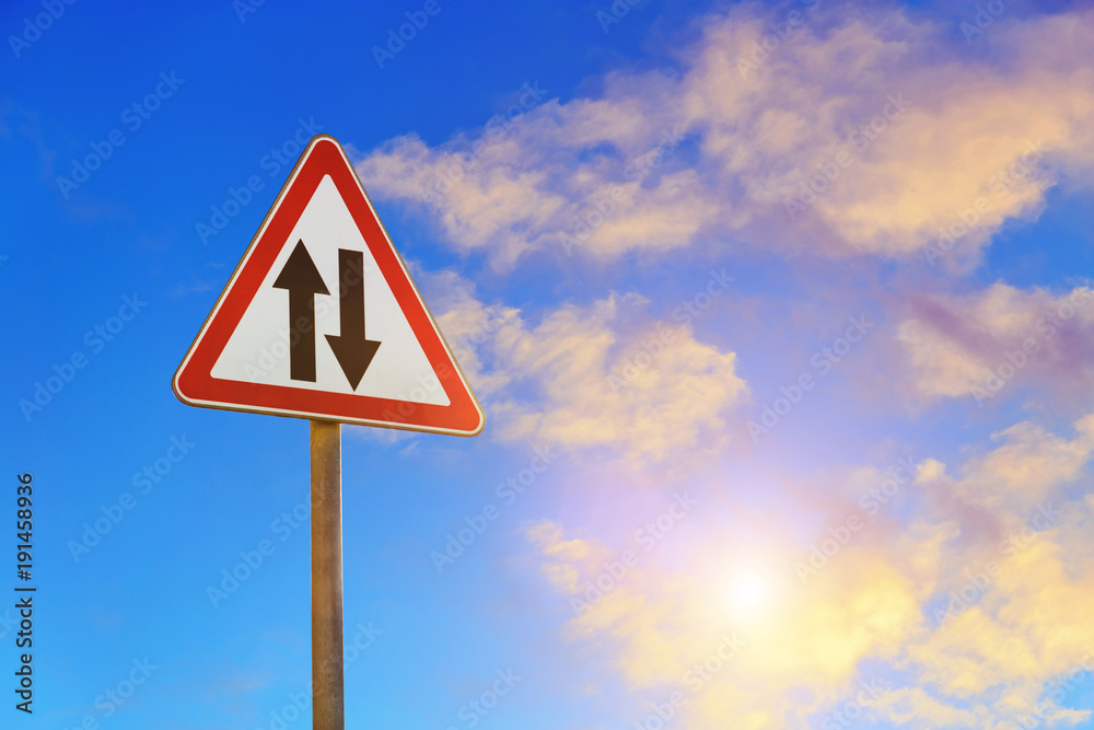 two way traffic road sign close up two way traffic road sign close up