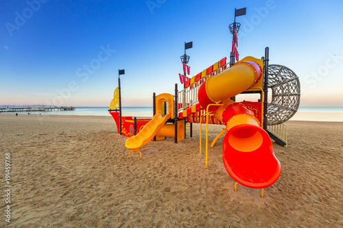 Fototapeta Naklejka Na Ścianę i Meble -  Kids playground on the beach of Baltic Sea in Gdansk, Poland