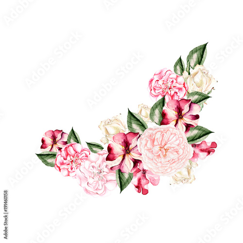 Beautiful, bright watercolor wreath with roses and petunia flowers.
