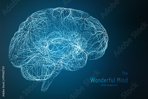 Vector blue illustration of 3d brain side with synapses and glowing neurons. Conceptual image of idea birth or artificial intelligence. Net of shiny lines forms brain structure. Futuristic mind scan.