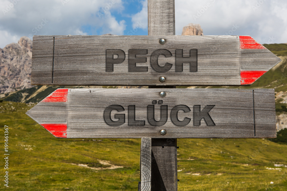 Schild mit Pech und Glück aus Holz Stock Illustration Adobe Stock