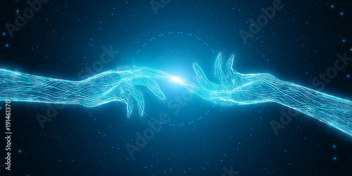 Vector illustration of two hands touch each other. Concept of connection, first contact, network. Digital cyber sense of connection. Mystic artificial intelligence minds union.