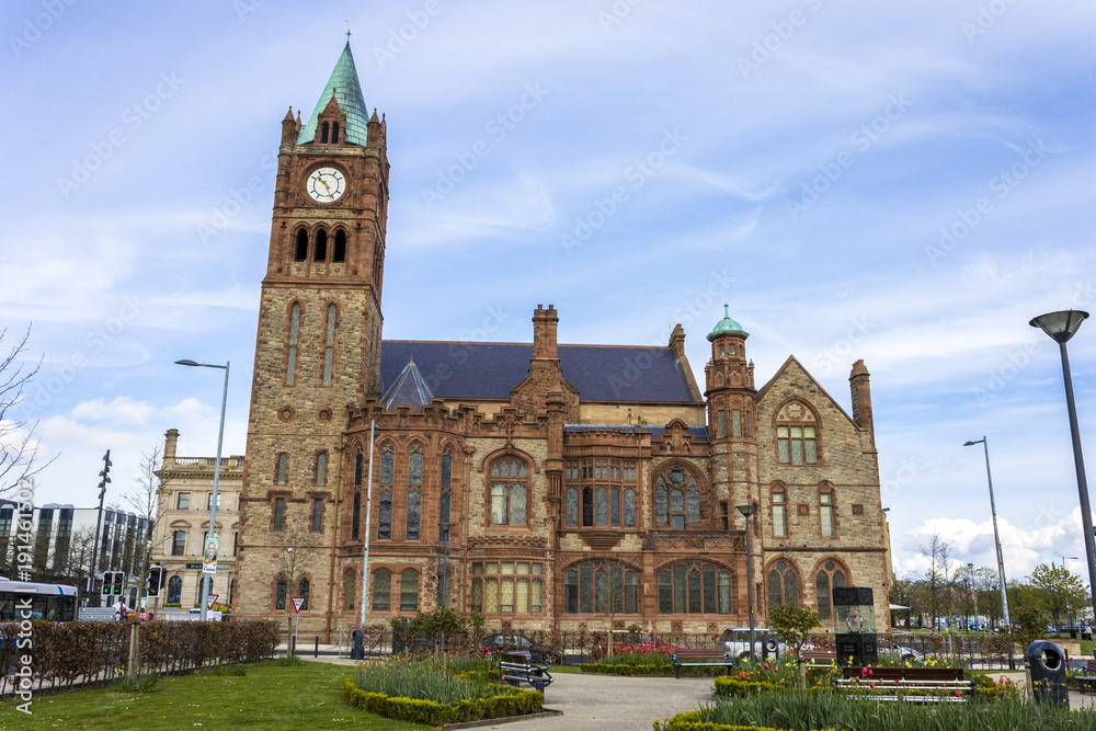 The Guildhall, a building built in 1890 in which the elected members of Derry and Strabane District Council meet. Derry, County Londonderry, Northern Ireland