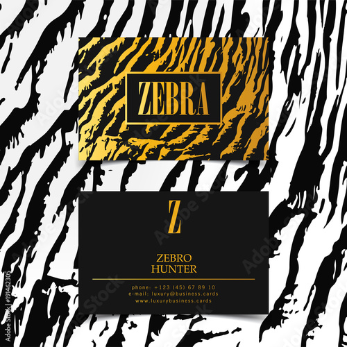 Luxury fashion business cards vector template, banner and cover with golden zebra texture pattern gold details on white. Branding and identity graphic design