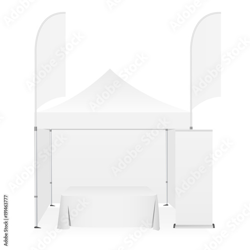 Outdoor canopy tent with two sided banner flags, demonstration table and roll-up stand. Equipment for business or organization stands during the outdoor events. Vector illustration