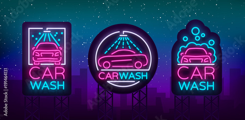 Car wash logo set vector design in neon style vector illustration isolated. Template, concept, luminous signboard icon on a car wash theme. Luminous banner