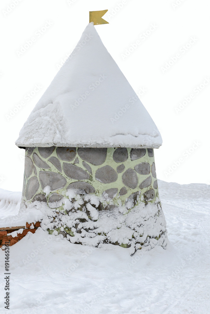 stone tower in winter isolated on white background