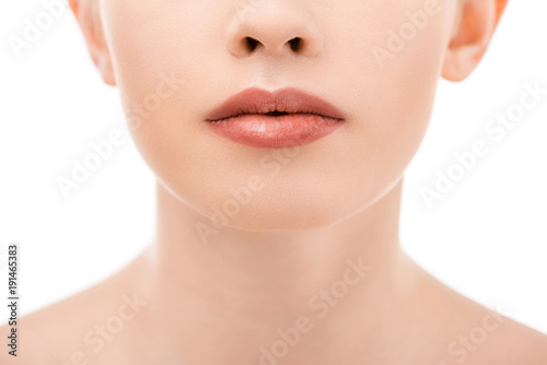 partial view of woman with beautiful lips, isolated on white