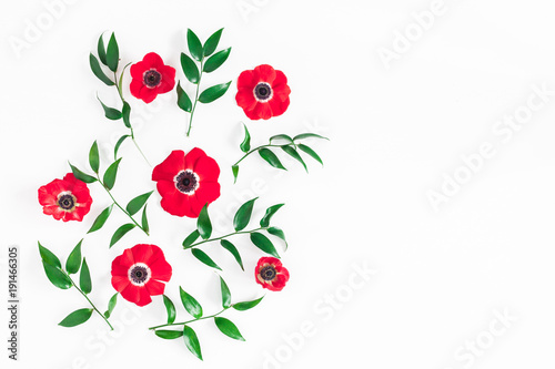 Wallpaper Mural Flowers composition. Frame made of anemone flowers and ruscus leaves on white background. Flat lay, top view, copy space Torontodigital.ca