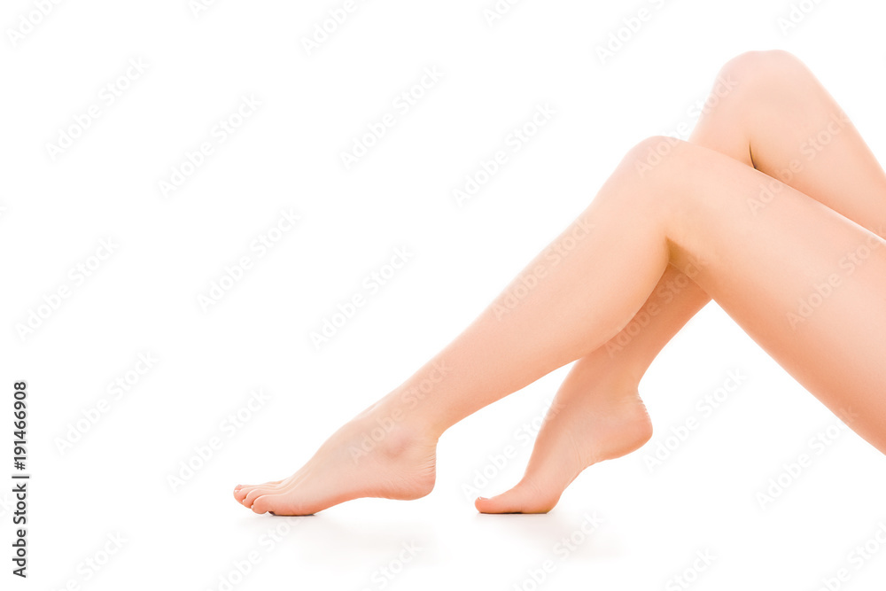 cropped view of woman with beautiful legs, isolated on white cropped view of woman with beautiful legs, isolated on white