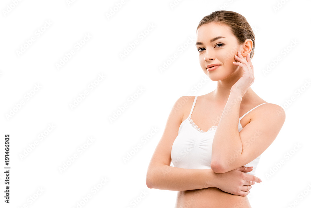 smiling woman posing in white bra, isolated on white smiling woman posing in white bra, isolated on white