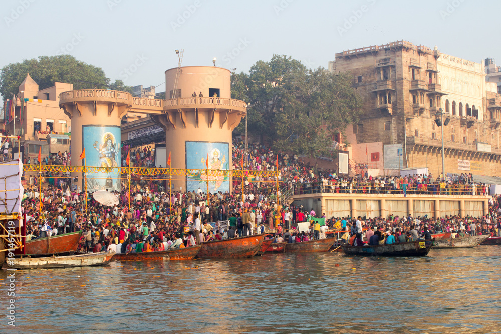 Varanasi Ghats, Diwali Festival, Ganges River and Boats, Uttar Pradesh, India
