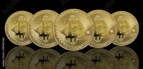 Golden bitcoins on black ba...