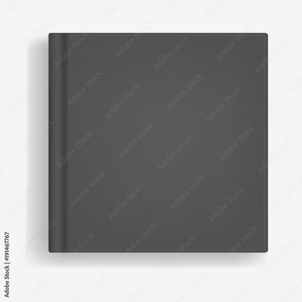 Square vector black realistic book, closed organizer or photobook cover mockup. Front view of notepad or diary with binding template for catalog, children book, menu