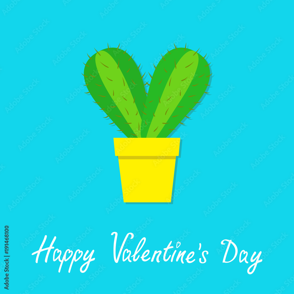 Happy Valentines Day. Cactus heart icon in flower pot. Desert prikly thorny  spiny plant. Minimal flat design. Bright green houseplant. Pastel blue  color background. Isolated. Love greeting card. Stock Vector | Adobe