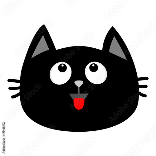 Black cat head face icon looking up. Red tongue. Surprised emotion. Cute cartoon character. Pet baby collection card. Flat design. Isolated. White background.