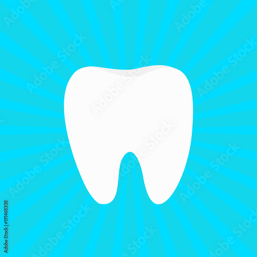 Healthy white tooth icon. Oral dental hygiene. Children teeth care. Whitening Blue sunburst starburst background with ray of light. Flat design.