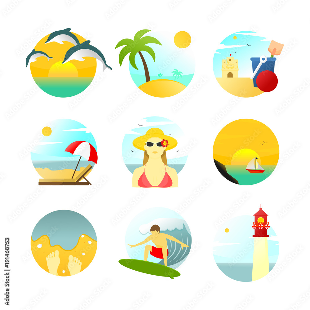 Various Summertime Travel Scenery Illustration Set
