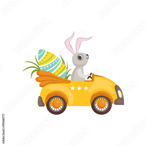 Cute bunny driving yellow vintage car decorated with Easter eggs, funny rabbit character, Happy Easter concept cartoon vector Illustration