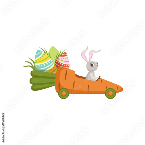 Cute little bunny driving car carrot, funny rabbit character, Happy Easter concept cartoon vector Illustration