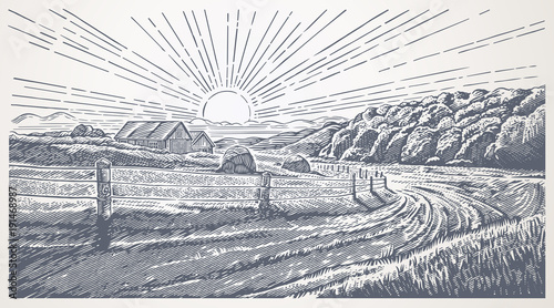 Rural landscape with village in engraving style. Hand drawn and converted to vector Illustration photo